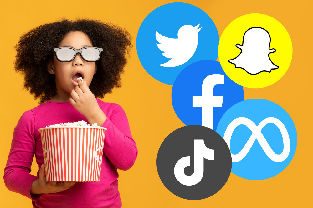 The social media legal soap opera - girl with popcorn watches social logos fight