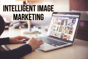 Accessible imagery. Person typing on a laptop. Reads: intelligent image marketing.