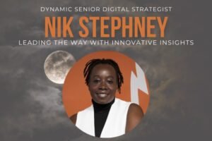 Foreground: portrait of Nik Stephney, Fullmoon's featured employee for the month of February. Background is full moon shining through clouds.