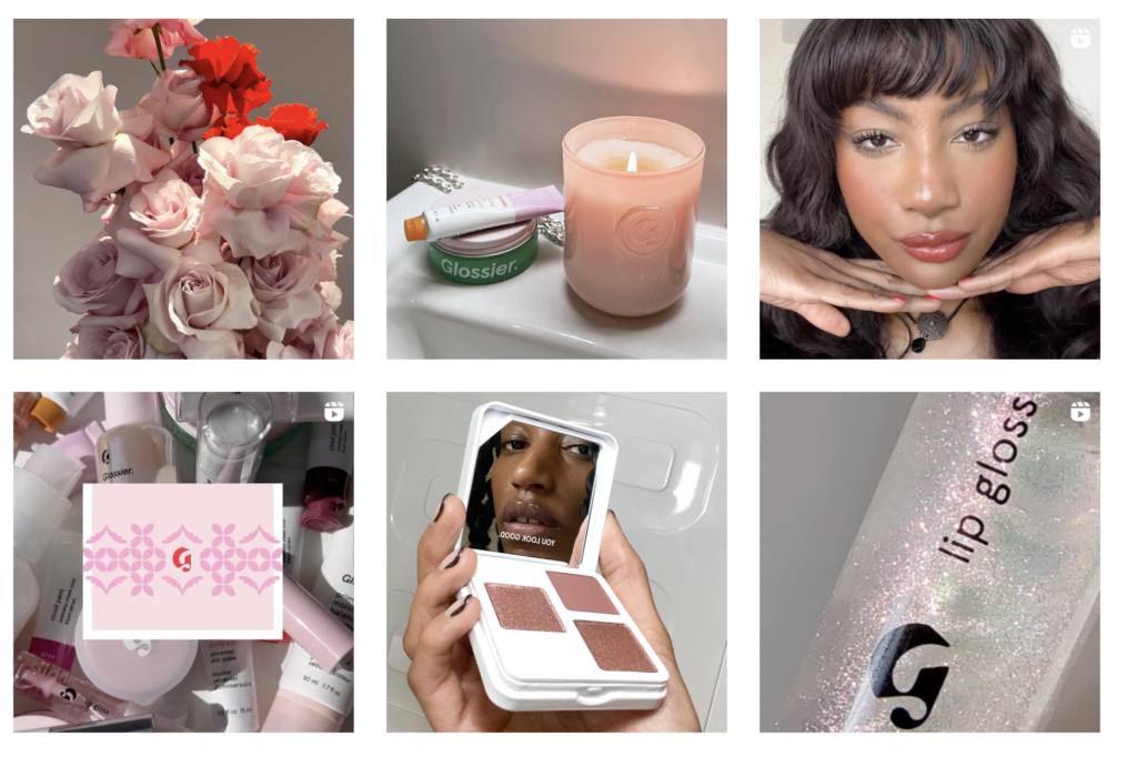 Collage of 6 images within same color hues featuring black women, makeup & beauty products, roses and candles.