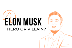 Elon Musk: Hero or Villain? Fullmoon logo with orange sketch of Musk on white background.