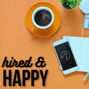 Orange desktop with hot coffee, notebook, pencil, & cellphone with the Fullmoon logo on the screen. Text: Hired & happy.