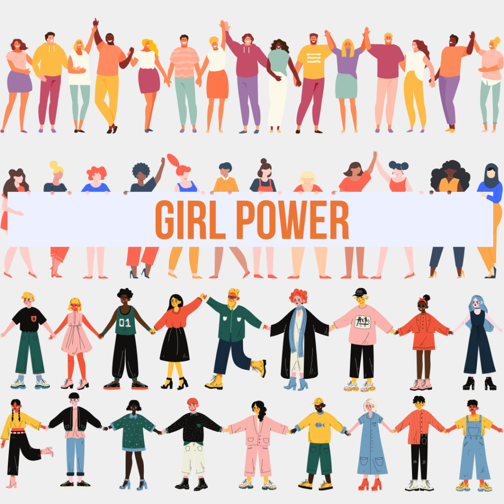A line of clipart women of various abilities, race, culture and lifestyle hold hands in four rows. Text: Girl Power