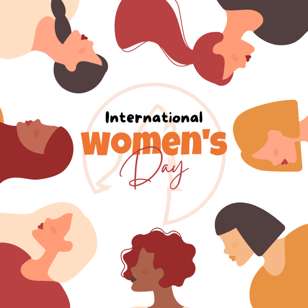 A circle of clipart women surround the center text: International Women's Day. Fullmoon logo can be seen in the background.