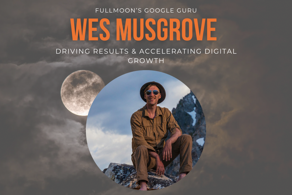 Foreground: portrait of Wes Musgrove, Fullmoon's featured employee for the month of March. Background is full moon shining through pine branches.