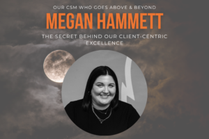 Foreground: black & white portrait of Megan Hammet, Fullmoon's featured employee for the month of April. Background is full moon shining through clouds.