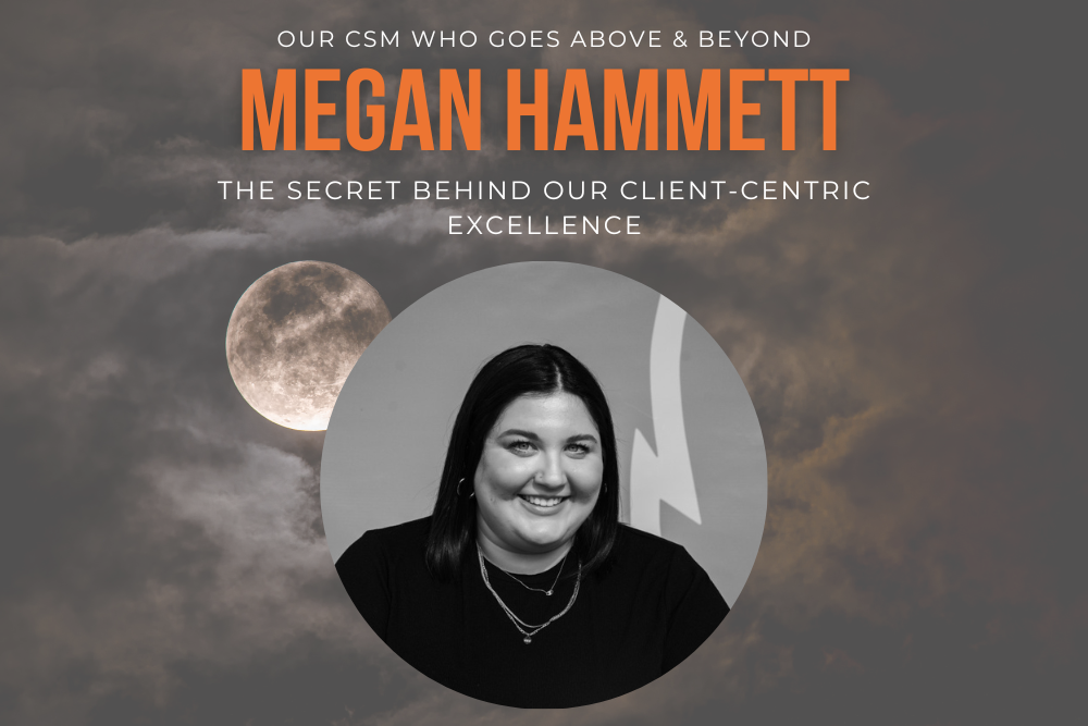 Foreground: black & white portrait of Megan Hammet, Fullmoon's featured employee for the month of April. Background is full moon shining through clouds.