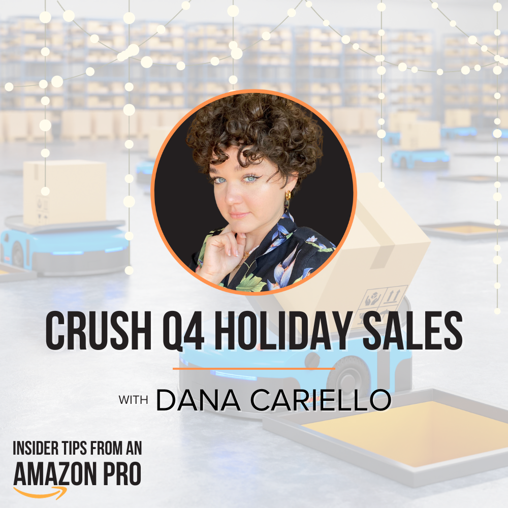 a graphical user interface with text. The text reads "CRUSH Q4 HOLIDAY SALES WITH DANA CARIELLO. INSIDER TIPS FROM AN AMAZON PRO." The image also includes a picture of Dana, a white woman with blue eyes and curly short brown hair. The background of the image shows an Amazon warehouse with hanging white icicle lights.