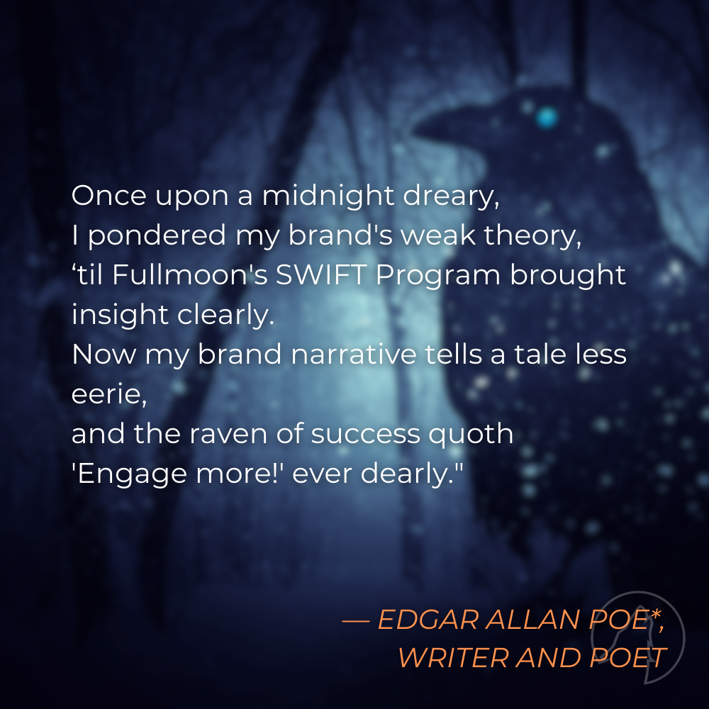 “Once upon a midnight dreary, I pondered my brand’s weak theory, ‘til Fullmoon’s SWIFT Program brought insight clearly. Now my brand narrative tells a tale less eerie, and the raven of success quoth ‘Engage more!’ ever dearly.” — Edgar Allan Poe*, Writer and Poet