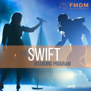 A blue background with white text that reads "FMDM" and "PEOPLE, PASSION. PERFORMANCE" towards the top. In the center, there is a woman on the left side of the image singing into a microphone and an American football player on the right side, both figures presented in black, blue and white. TEXT: "THE SWIFT BRANDING PROGRAM".