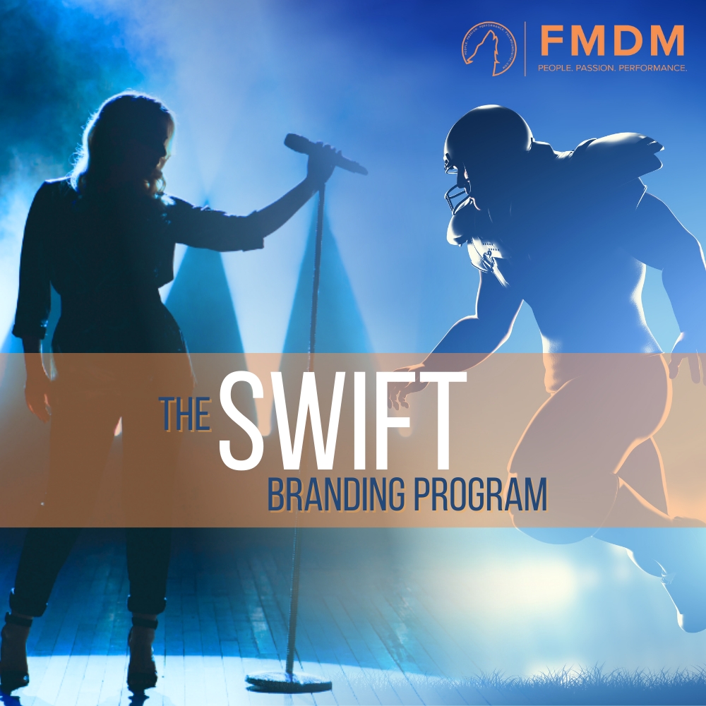 A blue background with white text that reads "FMDM" and "PEOPLE, PASSION. PERFORMANCE" towards the top. In the center, there is a woman on the left side of the image singing into a microphone and an American football player on the right side, both figures presented in black, blue and white. TEXT: "THE SWIFT BRANDING PROGRAM".