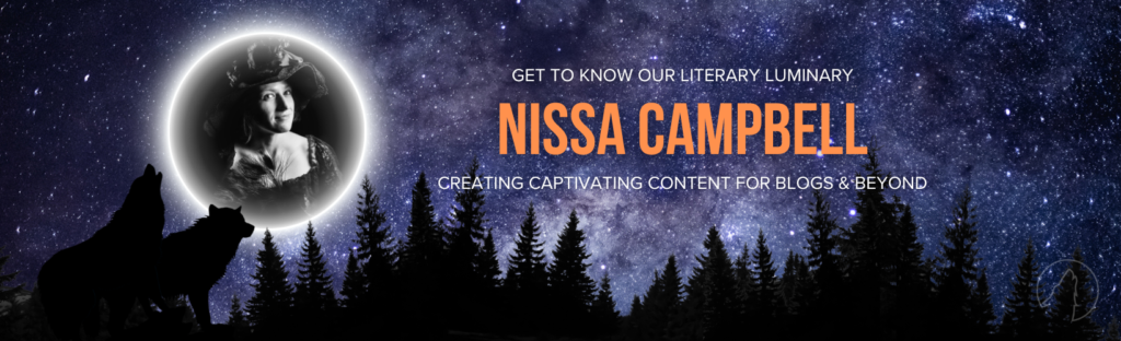 Fullmoon's Employee Spotlight Series is showcasing our employee for the month of November. Text reads: "Get to know our literary luminary, Nissa Campbell. Creating captivating content for blogs and beyond." The image includes a wolf pack and silhouette of trees in the night sky.