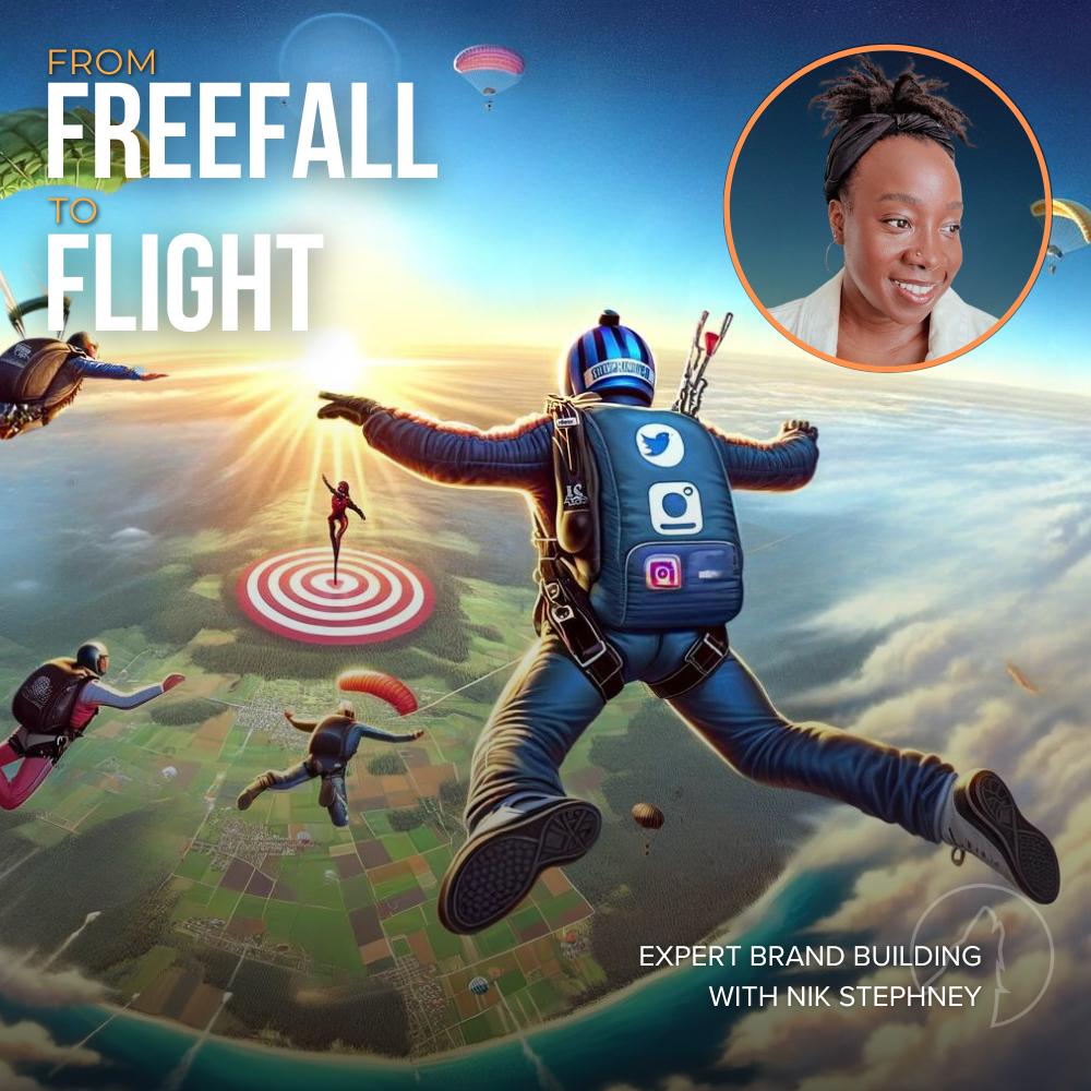 "Skydiver with a parachute adorned with social media icons represents brand building, with Nik Stephney's portrait overseeing the scene."