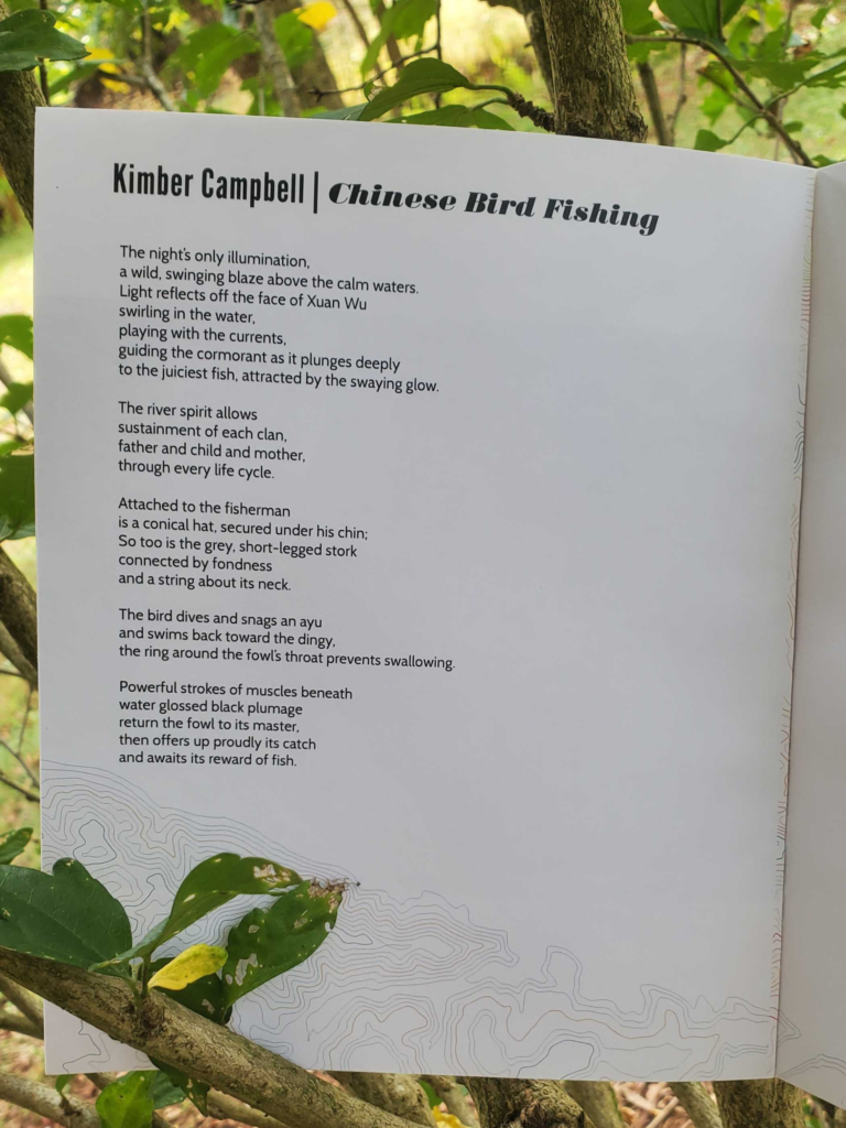 an open book page featuring the poem 'Chinese Bird Fishing' by Kimber Campbell, from the collection 'POETRY II.' The page is set outdoors with tree branches and leaves surrounding it, contributing to a serene backdrop for the text.