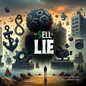 Title image for a piece on cognitive biases featuring surreal cityscape and Fullmoon Digital logo.