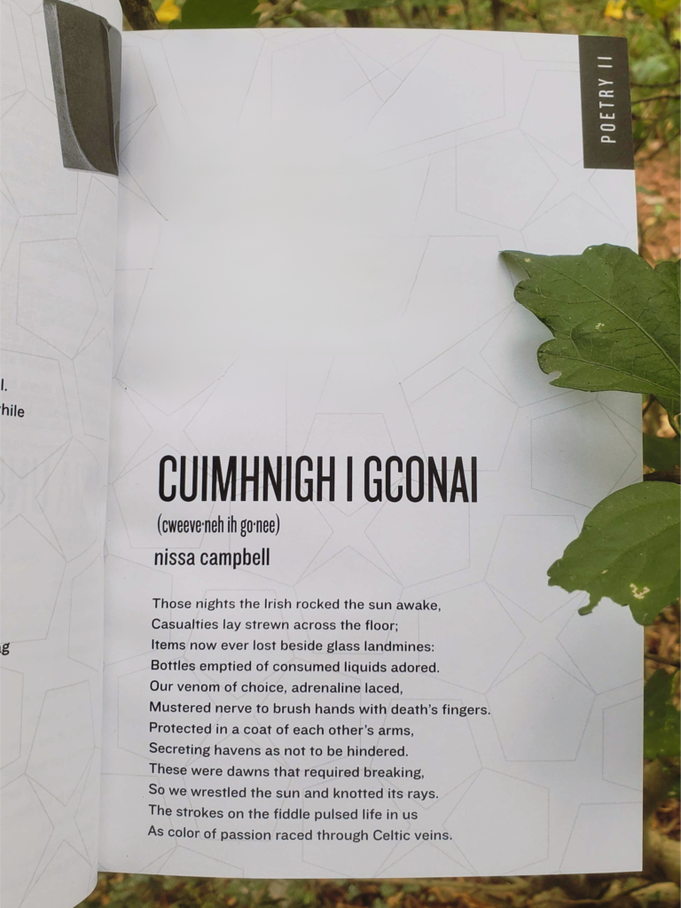 An open book displays a poem titled 'CUIMHNIGH I GCONAI' by Nissa Campbell, which is part of a collection named 'POETRY II.' The book is resting on a natural background with a green leaf partially obscuring the bottom right corner of the page.