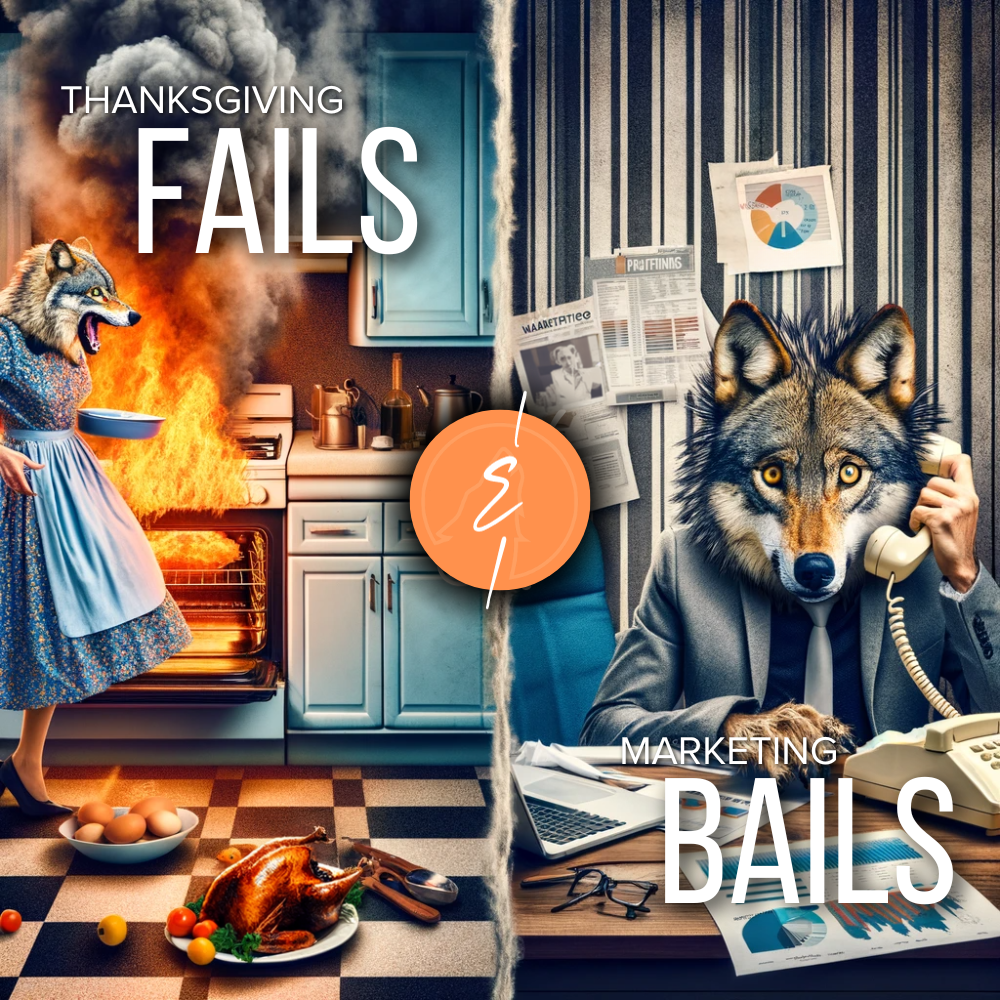 Split image with a panicked wolf in a kitchen with a burning oven on the left and a stressed wolf on an office phone on the right, representing Thanksgiving fails and marketing bails.