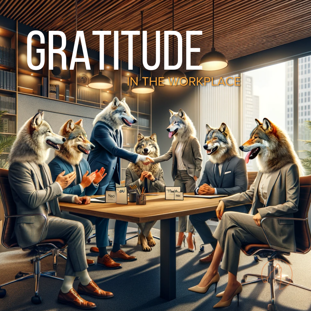 A group of wolves in business attire at an office meeting expressing gratitude.
