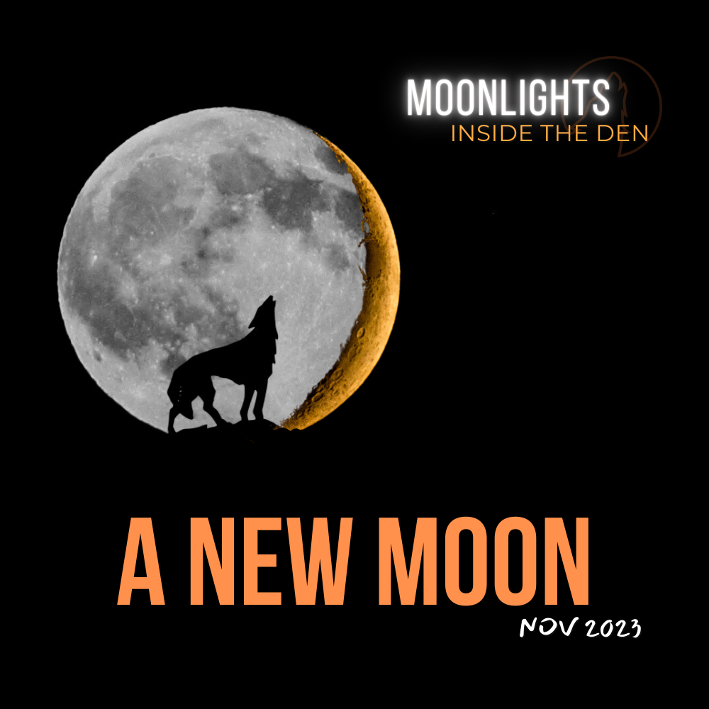 A stylized image of a detailed full moon transitioning into a golden crescent on the right side, with a wolf silhouette howling at the bottom center. Above, text reads "MOONLIGHT'S INSIDE THE DEN," and below the wolf, in orange letters, "A NEW MOON NOV 2023" indicates a date or event. The background is entirely black, highlighting the moon and the wolf figure.