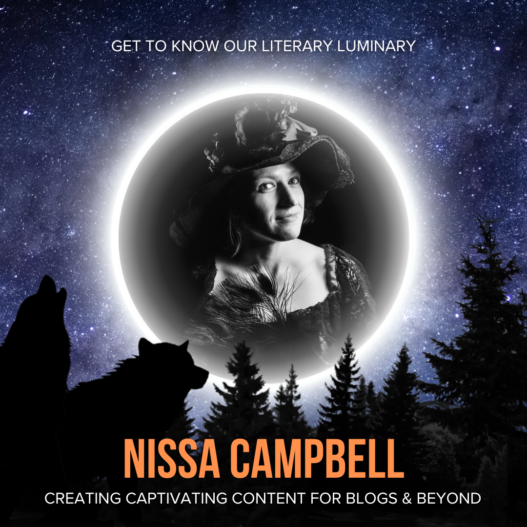 Image showcasing our spotlight employee for the month of September. Text reads: "Get to know our literary luminary, Nissa Campbell. Creating captivating content for blogs and beyond." The image includes a wolf pack and silhouette of trees in the night sky.