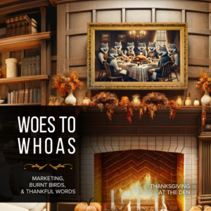 An ornate painting of wolves at a Thanksgiving dinner above a cozy fireplace.