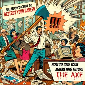 A chaotic comic book office scene where a businessman (Caucasian male) wields a large axe in the midst of a flurry of papers and office disarray. His colleagues express shock and alarm.