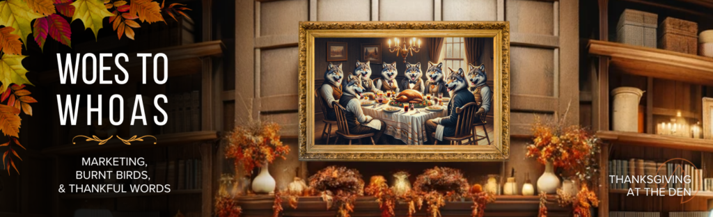 An ornate painting of wolves at a Thanksgiving dinner above a cozy fireplace.
