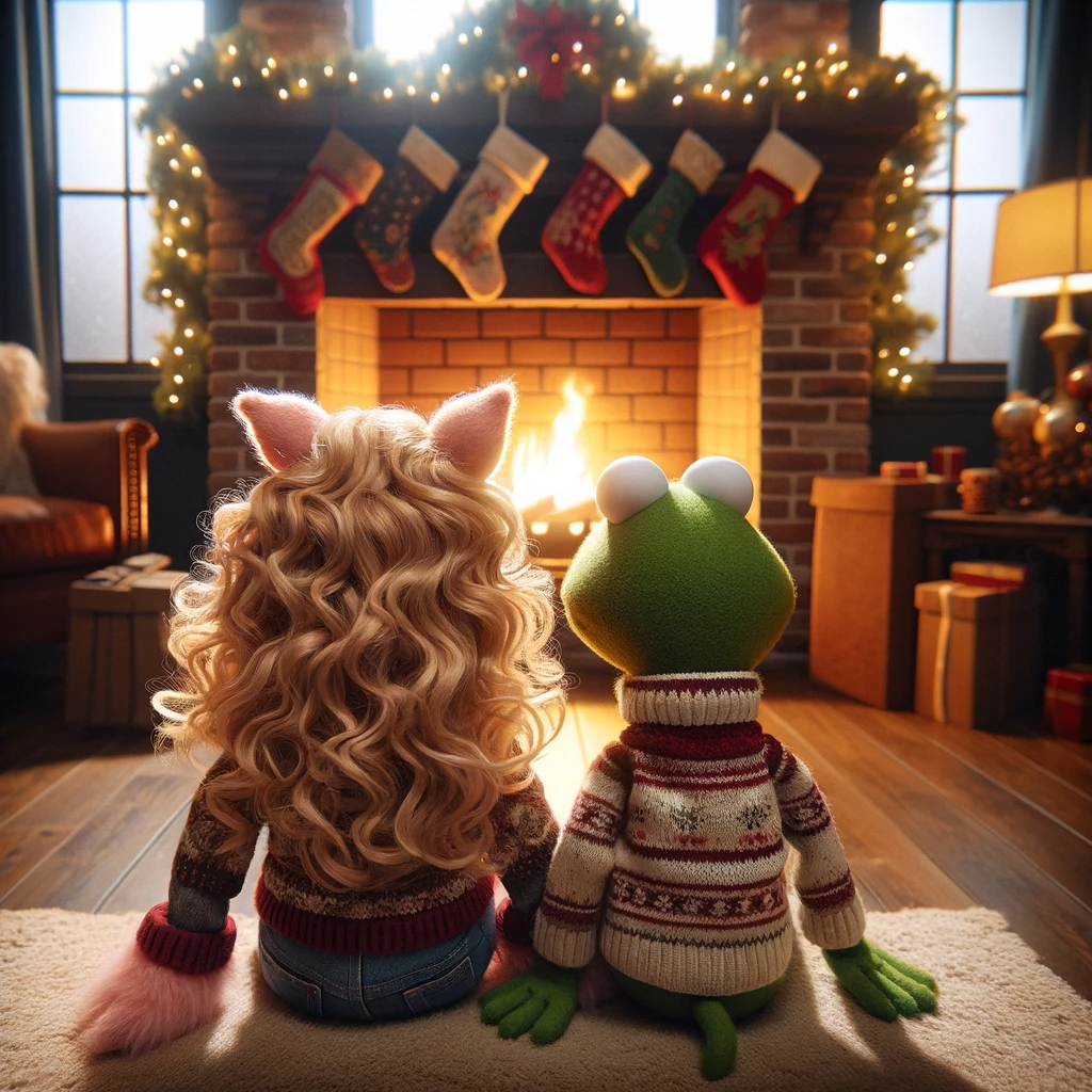 A puppet pair of a pig and a frog sit in front of a decorated mantle above a roaring fire, surrounded by holiday cheer.