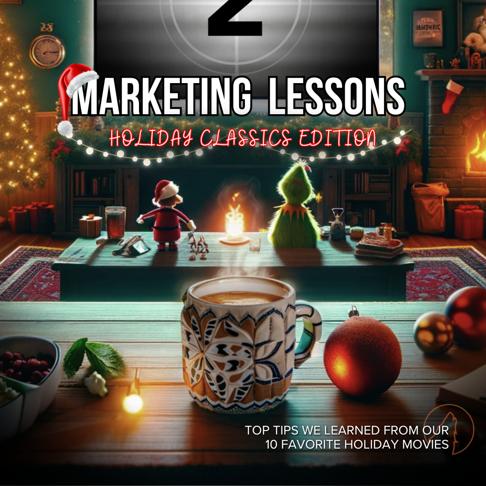 Promotional graphic for 'Marketing Lessons: Holiday Classics Edition' featuring iconic holiday figures and a festive mug on a table, and a movie counting down to beginning.
