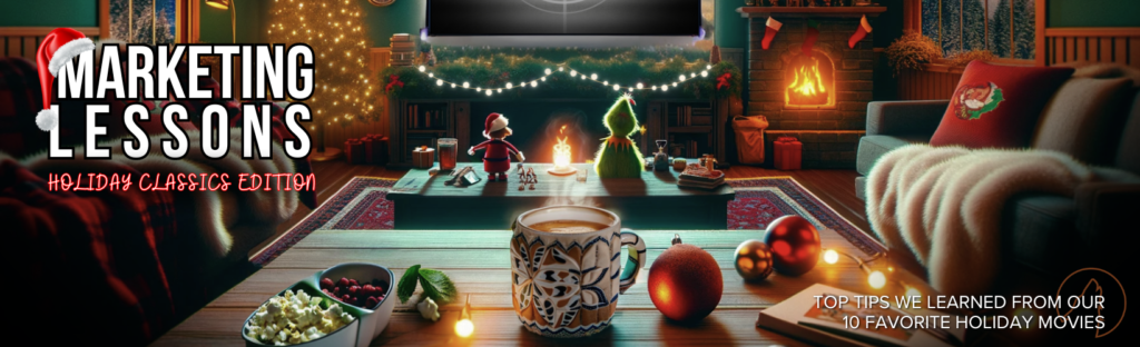 Promotional graphic for 'Marketing Lessons: Holiday Classics Edition' featuring iconic holiday figures and a festive mug on a table, and a movie counting down to beginning. Marketing Tips.