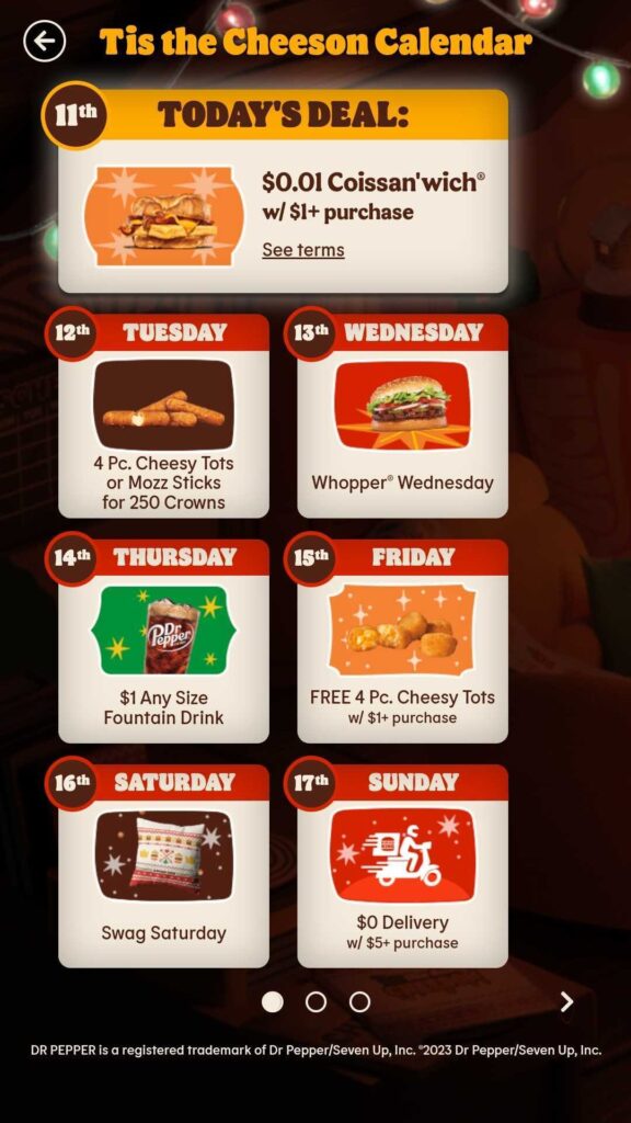 Burger King's 'Tis the Cheeson Calendar' with daily deals including discounted menu items.