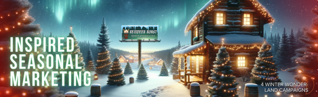 Landscape banner featuring 'Inspired Seasonal Marketing' with a festive cabin in a snowy setting and a 'Reindeer Roast' billboard ad under the northern lights.