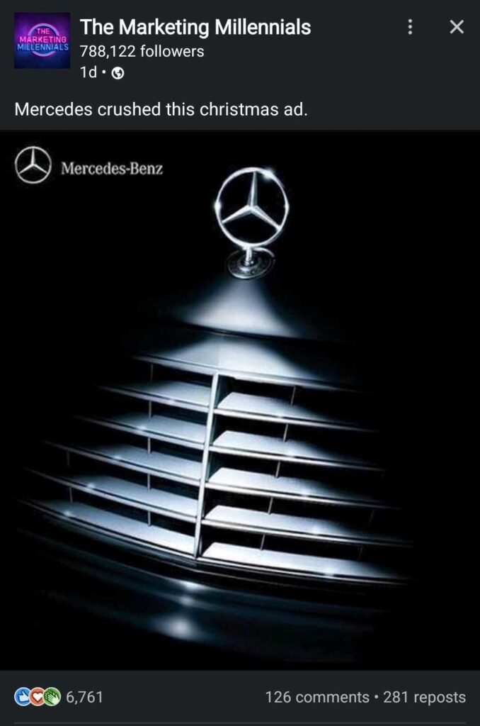 Mercedes-Benz logo at the top casting a shadow that resembles a Christmas tree on a series of horizontal slats below, with the text 'Mercedes crushed this Christmas ad.' from a social media post by The Marketing Millennials.