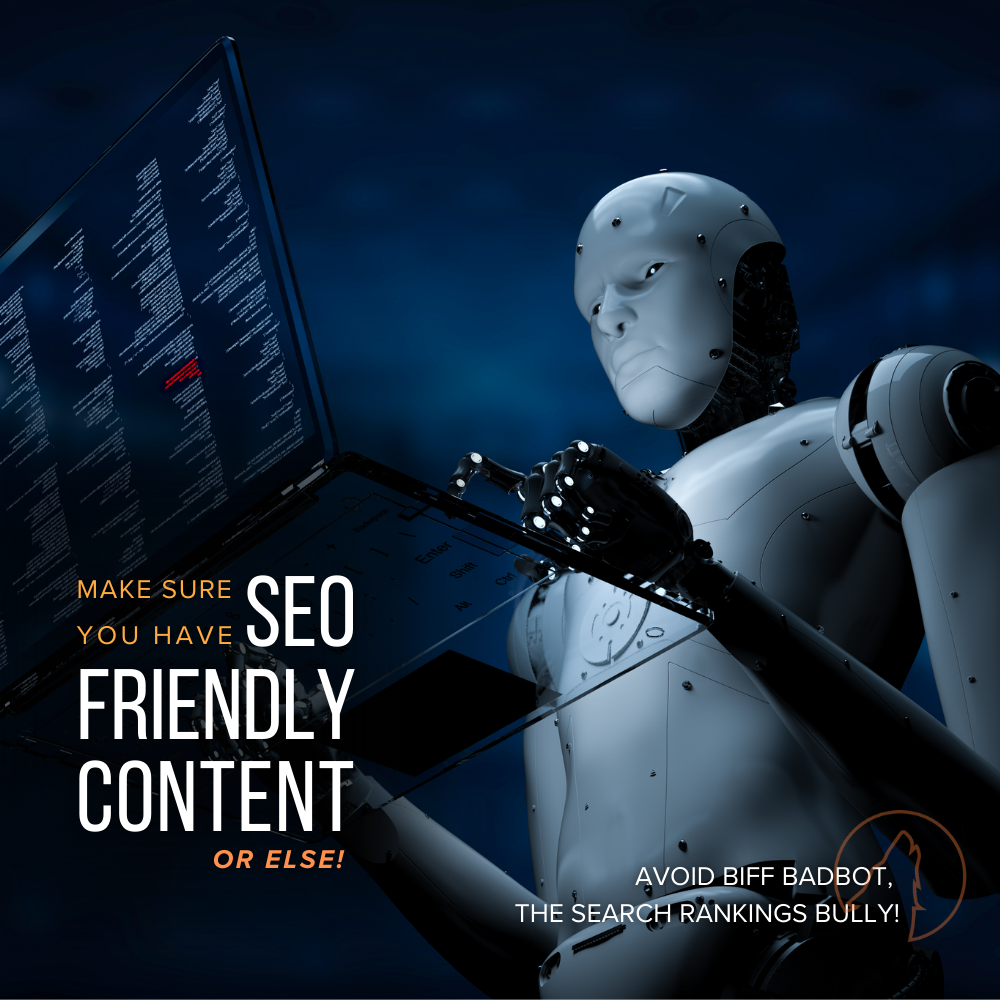 Robot coding on a laptop with a caution about SEO friendly content and avoiding the search rankings bully."