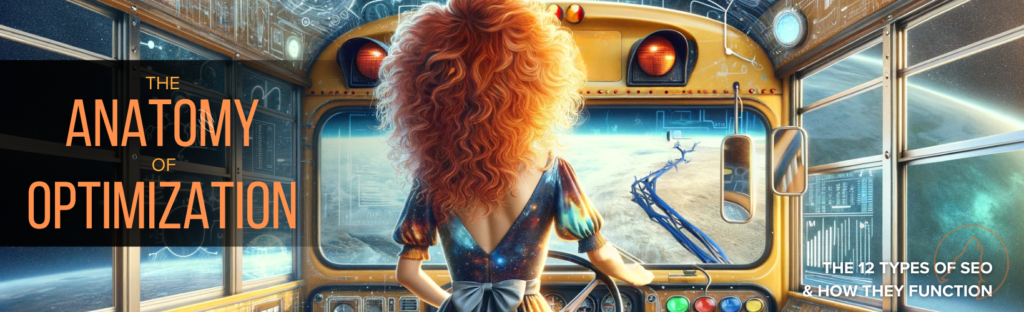 A woman with curly auburn hair pilots a school bus, facing a digital landscape with anatomical and circuitry motifs, under the overlay text "THE ANATOMY OF OPTIMIZATION" and "THE 12 TYPES OF SEO & HOW THEY FUNCTION".