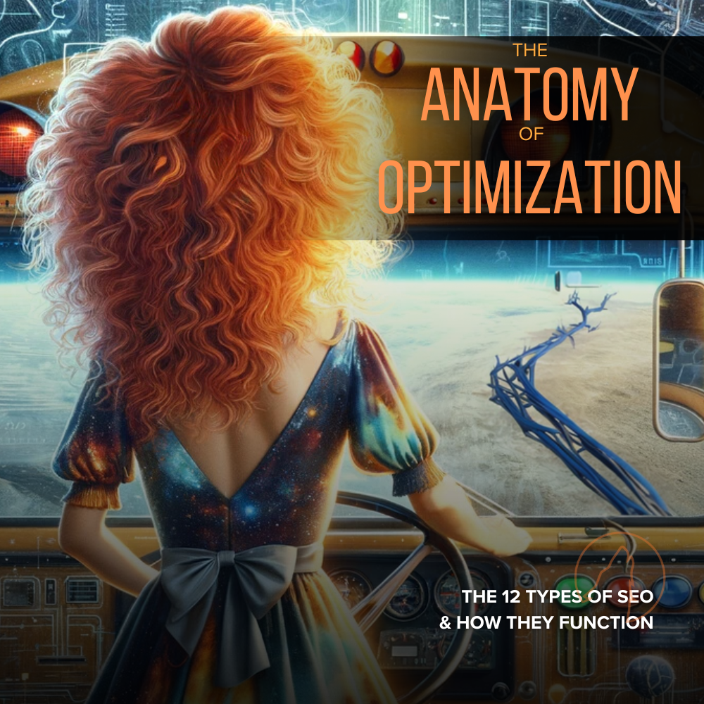 A woman with curly auburn hair pilots a school bus, facing a digital landscape with anatomical and circuitry motifs, under the overlay text "THE ANATOMY OF OPTIMIZATION" and "THE 12 TYPES OF SEO & HOW THEY FUNCTION".