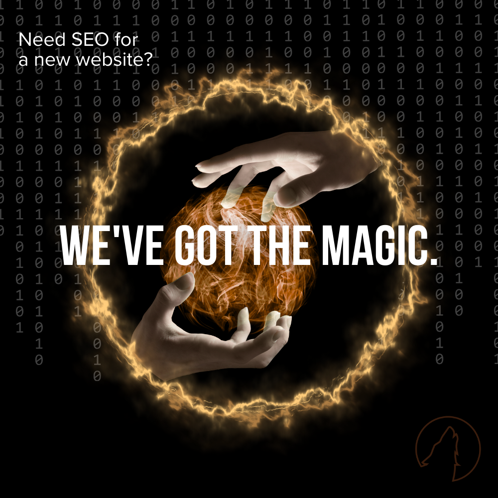 Digital artwork of hands surrounding a glowing, fiery globe with binary code in the background and the text 'Need SEO for a new Website? WE'VE GOT THE MAGIC.