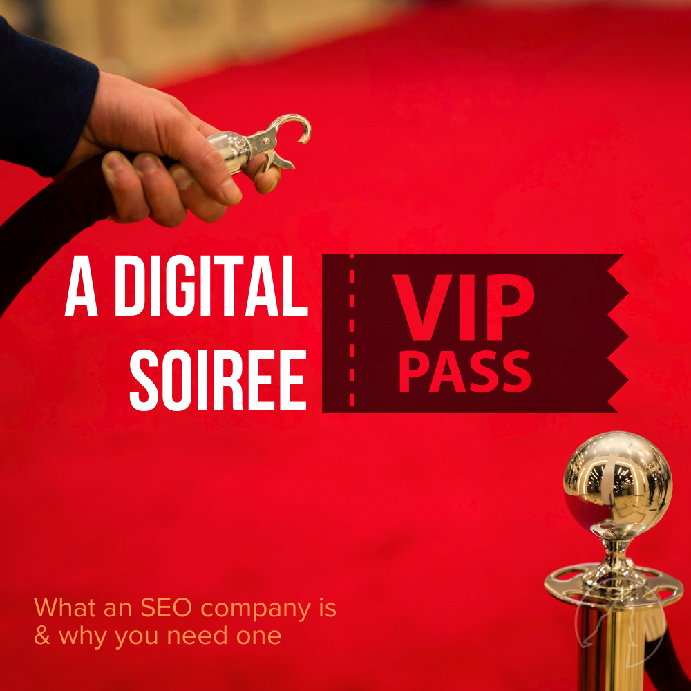 A hand holding a pair of scissors about to cut a red ribbon with the text 'A DIGITAL SOIREE VIP PASS' next to a trophy, indicating exclusive access.