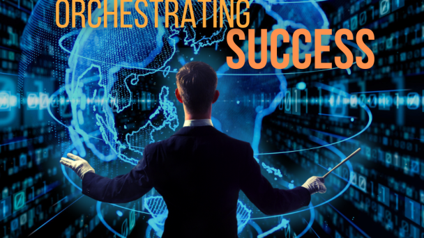 A man in formal attire appears to conduct a symphony of digital screens showcasing a world map and various data, with text above stating "ORCHESTRATING SUCCESS" and below "The art of tuning an SEO compliant website".